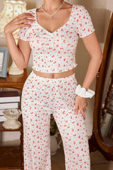 Ekru V Yaka Kısa Kollu Crop Pijama Takımı 7379