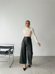 ÖN CEP DETAYLI DERİ PANTOLON - Siyah