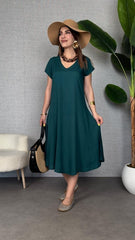 Kadın Kısa Kollu V Yaka Salaş Maxi Boy Elbise