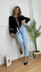 Kadın Uzun Kollu V Yakalı Leopar Detaylı Krep Bluz