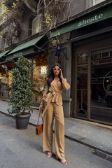 SATEN KRUVAZE BAĞLAMALI BLUZ- PANTOLON TAKIM - Mavi