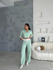 KETEN GÖMLEK-CROP-SALAŞ PANTOLON TAKIM - Mint