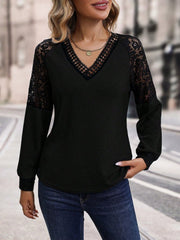 Kadın Uzun Kollu V Yakalı Dantelli Waffle Bluz