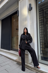 ÇİZGİLİ ARKA TASARIM  DETAYLI  GÖMLEK-PANTOLON TK - Gri