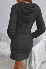 Kadın Uzun Kollu Kapşonlu Cepli Mini Peluş Elbise