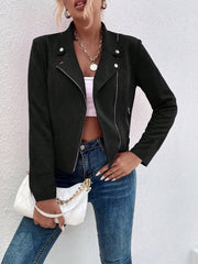 Kadın Uzun Kollu Yakalı önden Fermuarlı Kısa Süet Ceket