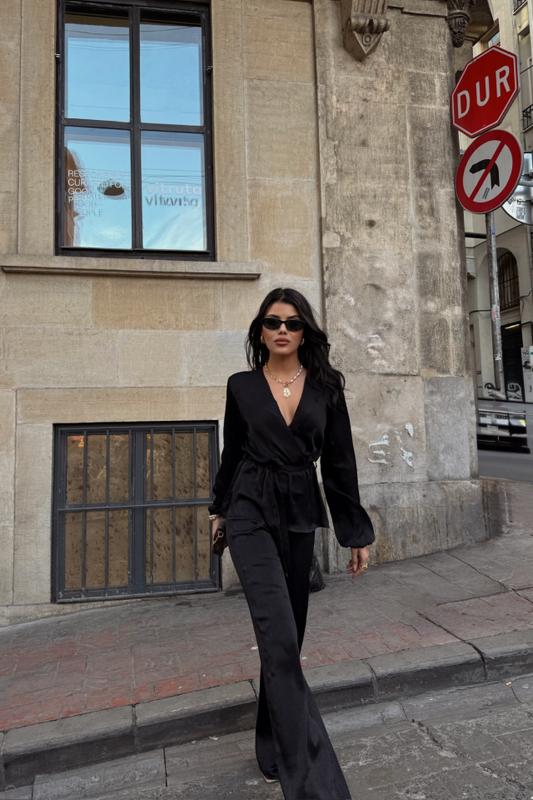 SATEN KRUVAZE BAĞLAMALI BLUZ- PANTOLON TAKIM - Siyah