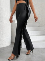 Kadın Yüksek Bel Yanlardan Püsküllü Deri Pantolon