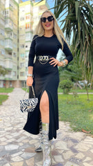 Kadın Uzun Kollu Bisiklet Yaka Yırtmaçlı Kemerli Uzun çilek Elbise