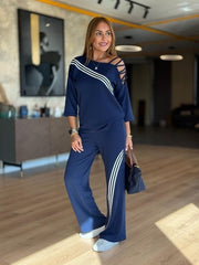 Kadın Fakir Kollu Omuz Dekolteli çapraz Ribana Detay Bluz Ve Pantolon Ikili Takım