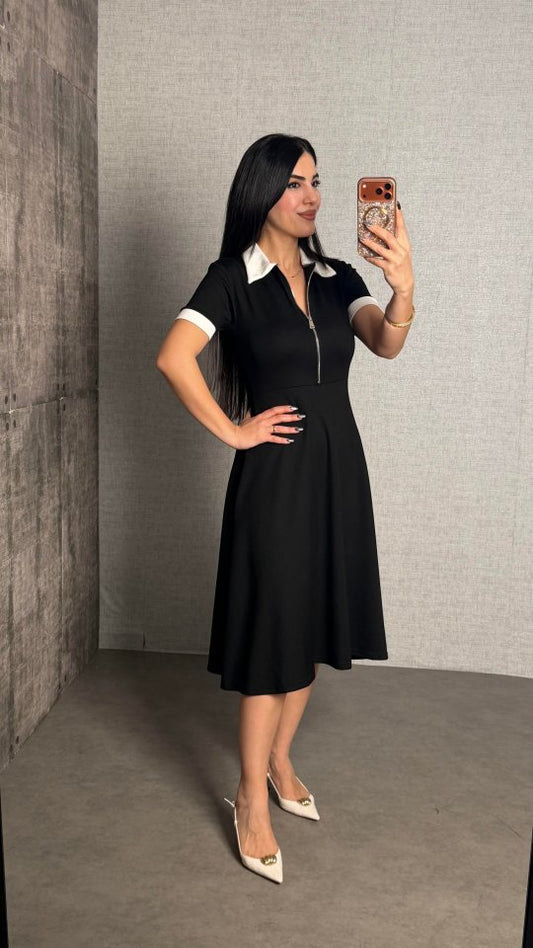 Kadın Polo Yaka Fermuar Detaylı Modal Midi Elbise