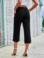 Kadın Beli Lastikli Düğme Ve Cep Detaylı Kapri Ithal Keten Pantolon