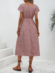 Kadın Düğme Detaylı çiçek Desen Midi Boy Süprem Kloş Elbise