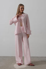 Çzgili Bağlamalı Pantolon Takım - Mavi