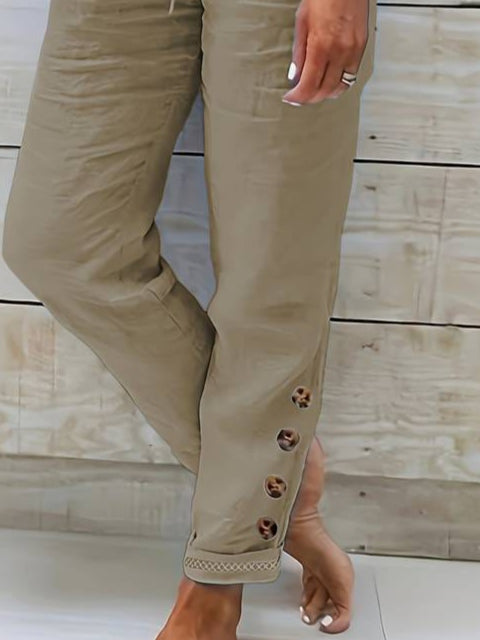 Kadın Yüksek Bel Lastikli Yandan Düğmeli Ithal Keten Pantolon