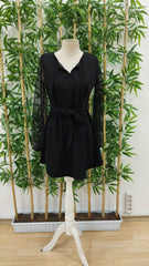 Kadın Uzun Kollu Yakadan Bağcıklı Belden Kuşaklı Ithal Krep Elbise