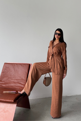 SİMLİ KUMAŞ SALAŞ PANTOLON - GÖMLEK TAKIM - Gri