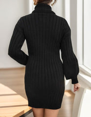 Kadın Uzun Kollu Boğazlı Uzun Balon Kol Triko Mini Elbise