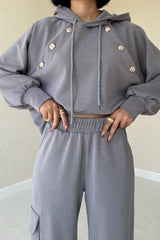 Bej Kapüşonlu Sweatshirt Ve Kargo Pantolon Takım