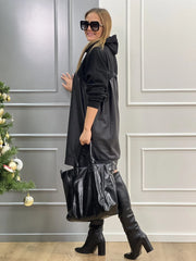 Kadın Uzun Kollu Kapüşon Ve Deri Detay Diz üstü Elbise