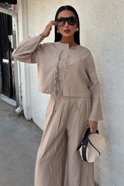 Önü İnce Kordon Detaylı Ve Double Paça Pantolonlu Takım 10180