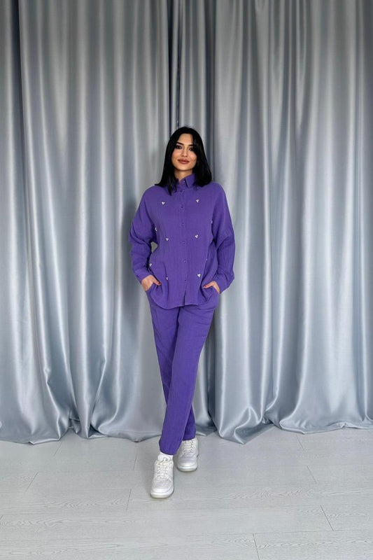 Mor 3 Taş Motifli Gömlek Ve Pantolon Takım