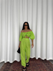 KETEN CROP BLUZ BÜZGÜ YAKA + PANTOLON TAKIM - Mavi