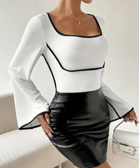 Kadın U Yaka Siyah şerit Detyalı Yarasa Kol Dalgıç Kumaş Arabiyeli Bluz