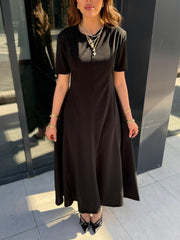 Kadın Kısa Kollu Bisiklet Yaka Maksi Boy Ithal Krep Elbise