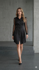 Kadın Uzun Kollu Yakalı Düğmeli Mini Ithal Krep Elbise