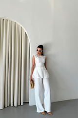 JAKAR KETEN KOLSUZ BLUZ-PANTOLON TK - Beyaz