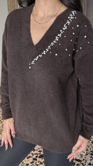 Kadın V Yaka Uzun Kollu Inci Detay Triko Bluz