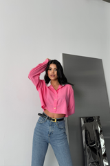 CROP GÖMLEK BEYAZ YAKA VE ETİKET DETAYLI - Orange