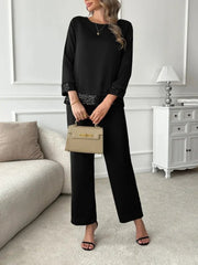 Kadın Uzun Kollu Bisiklet Yaka Pulpayetli Viskon Iki Iplik Bluz Ve Pantolon Ikili Takım