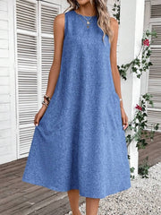 Kadın Kolsuz Bisiklet Yaka Cepli Midi Keten Elbise