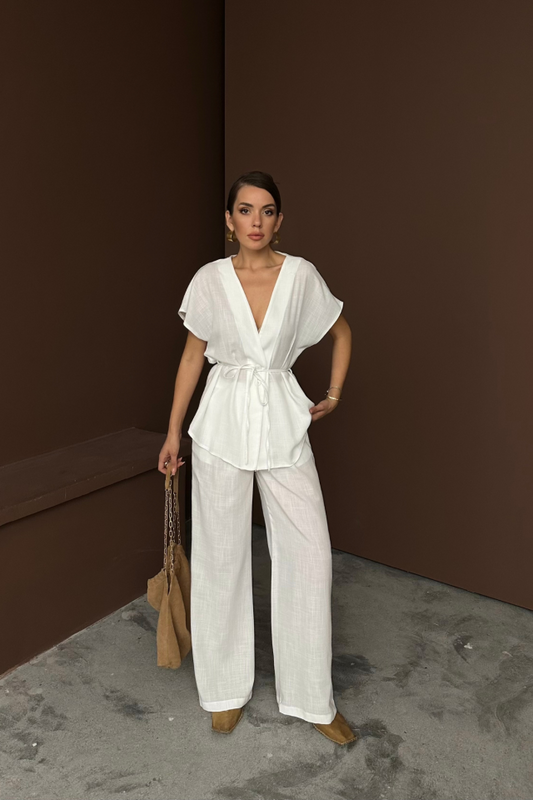 KETEN V YAKA BELDEN BAĞLAMALI BLUZ-PANTOLON TAKIM - Beyaz