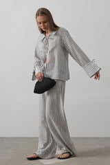 Çzgili Bağlamalı Pantolon Takım - Mavi