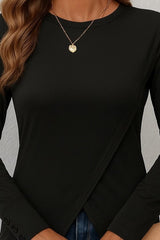 Kadın Uzun Kollu Bisiklet Yaka önden çapraz Kesim Detay Midi Viskon Bluz
