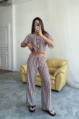 ÇİZGİLİ CROP GÖMLEK - SALAŞ PANTOLON TAKIM MODAL - Bej