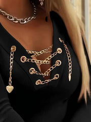 Kadın Uzun Kollu V çapraz Zincir Detaylı Kaşkorse Bluz