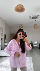 Kadın Flamlı Keten Tek Cep Oversızed Gömlek