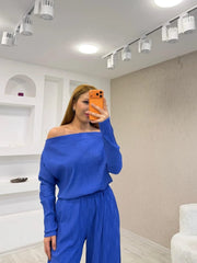 Kadın Uzun Kollu Omuz Dekolteli Bluz Ve Palazzo Pantolon Ikili Takım