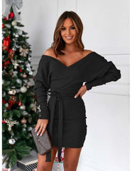 Kadın Uzun Kollu Kruvaze Yaka Bağcık Detay Akrilik Mini Boy Elbise