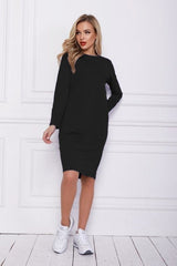 Kadın Uzun Kollu Bisiklet Yaka Cep Detay Etek Ucu Volanlı Iki Iplik Elbise