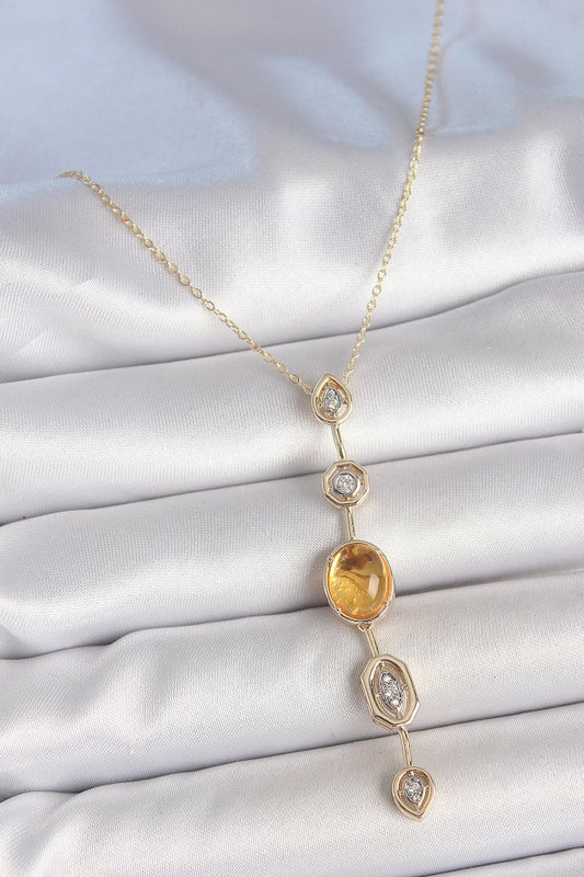 Pirinç Zincir Kehribar Sarı Gold Renk  Zirkon Taşlı Y Kolye
