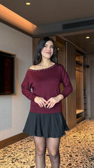 Kadın Uzun Kollu Kayık Yaka Kuş Gözü Detay Bluz