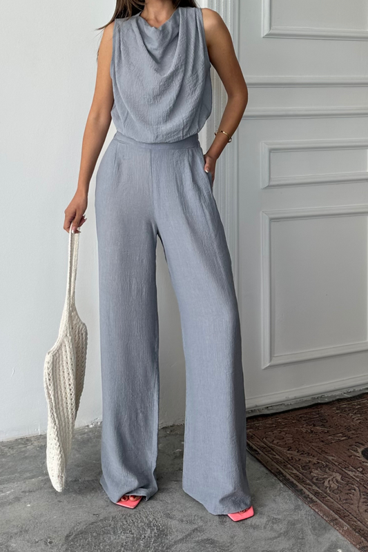 DEGAJE YAKA KOLSUZ BLUZ - PANTOLON TAKIM - Gri