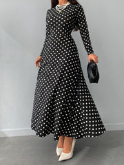 Kadın Siyah Tam Boy Beyaz Puantiyeli Elbise