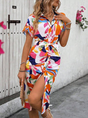 Kadın Kısa Kollu Yakalı önü Düğmeli önden Drapeli Desenli Süprem Elbise