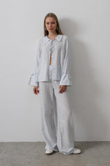 Çzgili Bağlamalı Pantolon Takım - Mavi